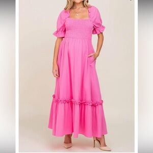 Pink Blush Maternity Hot Pink Puff Sleeve Ruffle Accent Maternity Maxi Dress
